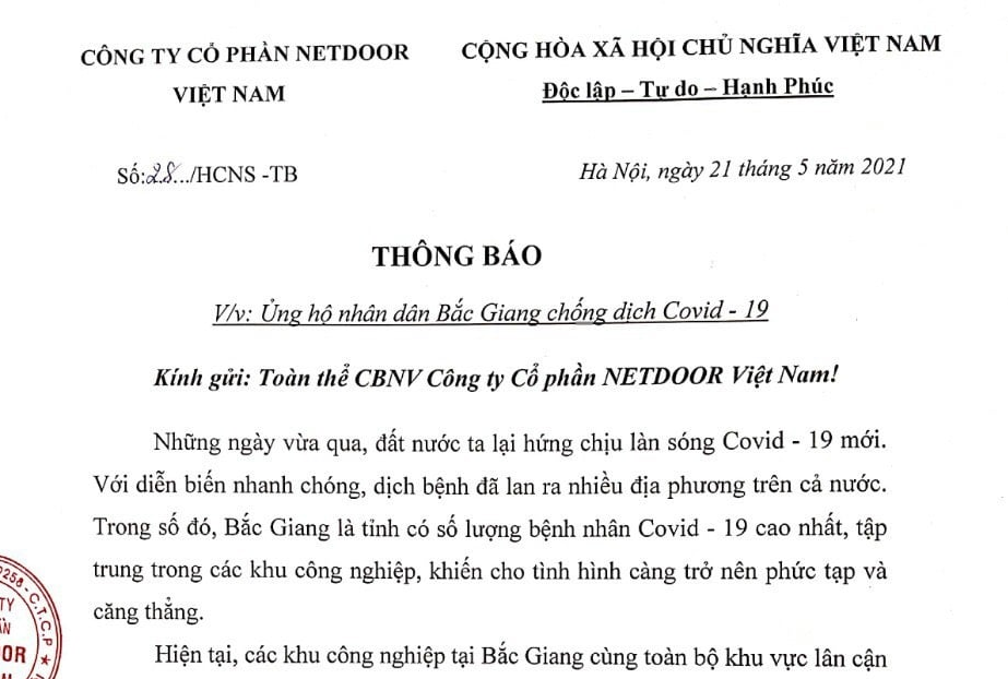Công ty đưa ra thông báo về việc ủng hộ nhân dân Bắc Giang chống dịch Covid- 19